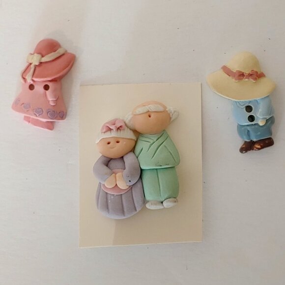 Handmade Clay Buttons Grandma Grandpa Bonnet Cottage Core Vintage - Picture 2 of 5
